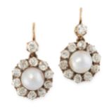 A PAIR OF PEARL AND DIAMOND EARRINGS in high carat yellow gold, each set with a pearl of 6.3mm
