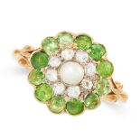 AN ANTIQUE PEARL, DIAMOND AND DEMANTOID GARNET DRESS RING in 18ct yellow gold, set with a pearl