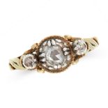 AN ANTIQUE DIAMOND DRESS RING in yellow gold and silver, set with a trio of graduated rose cut
