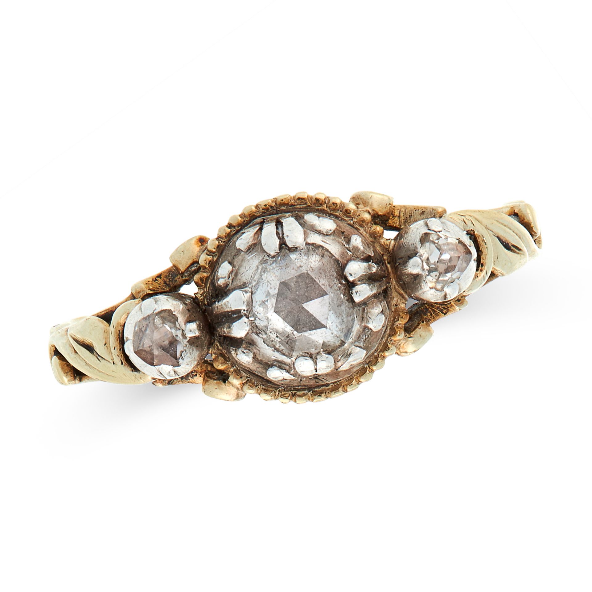 AN ANTIQUE DIAMOND DRESS RING in yellow gold and silver, set with a trio of graduated rose cut