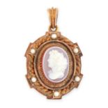 AN ANTIQUE CAMEO AND PEARL MOURNING LOCKET PENDANT, 19TH CENTURY in 18ct yellow gold, set with an