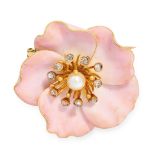 AN ANTIQUE PEARL, DIAMOND AND ENAMEL FLOWER BROOCH in 18ct yellow gold, designed as a flower, set at