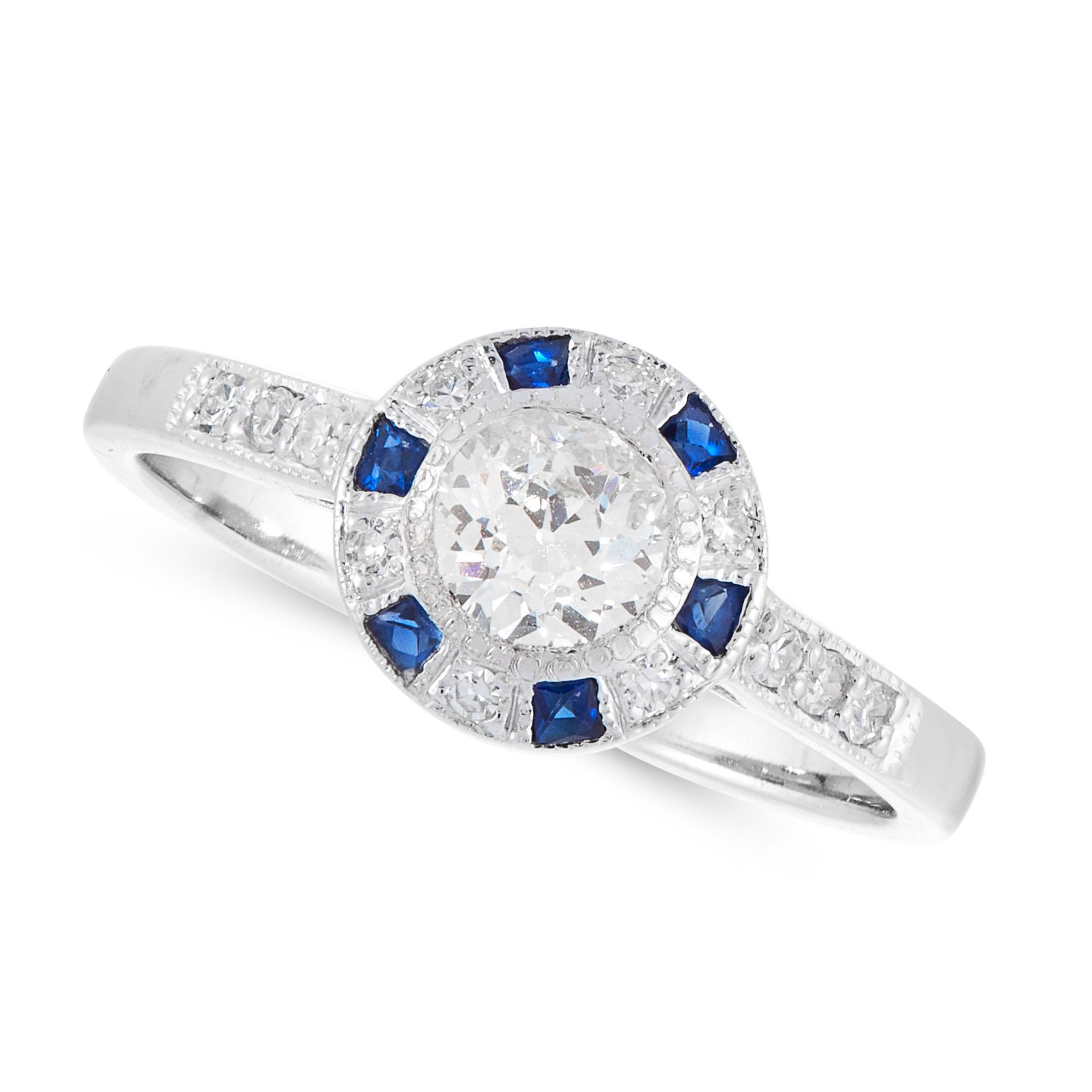 A DIAMOND AND SAPPHIRE TARGET RING in 18ct white gold, set with a principal old cut diamond of 0.