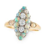 AN ANTIQUE DIAMOND AND OPAL DRESS RING, CIRCA 1900 in 18ct yellow gold, the navette face set with
