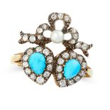 AN ANTIQUE TURQUOISE, DIAMOND AND PEARL SWEETHEART RING, 19TH CENTURY in yellow gold and silver,
