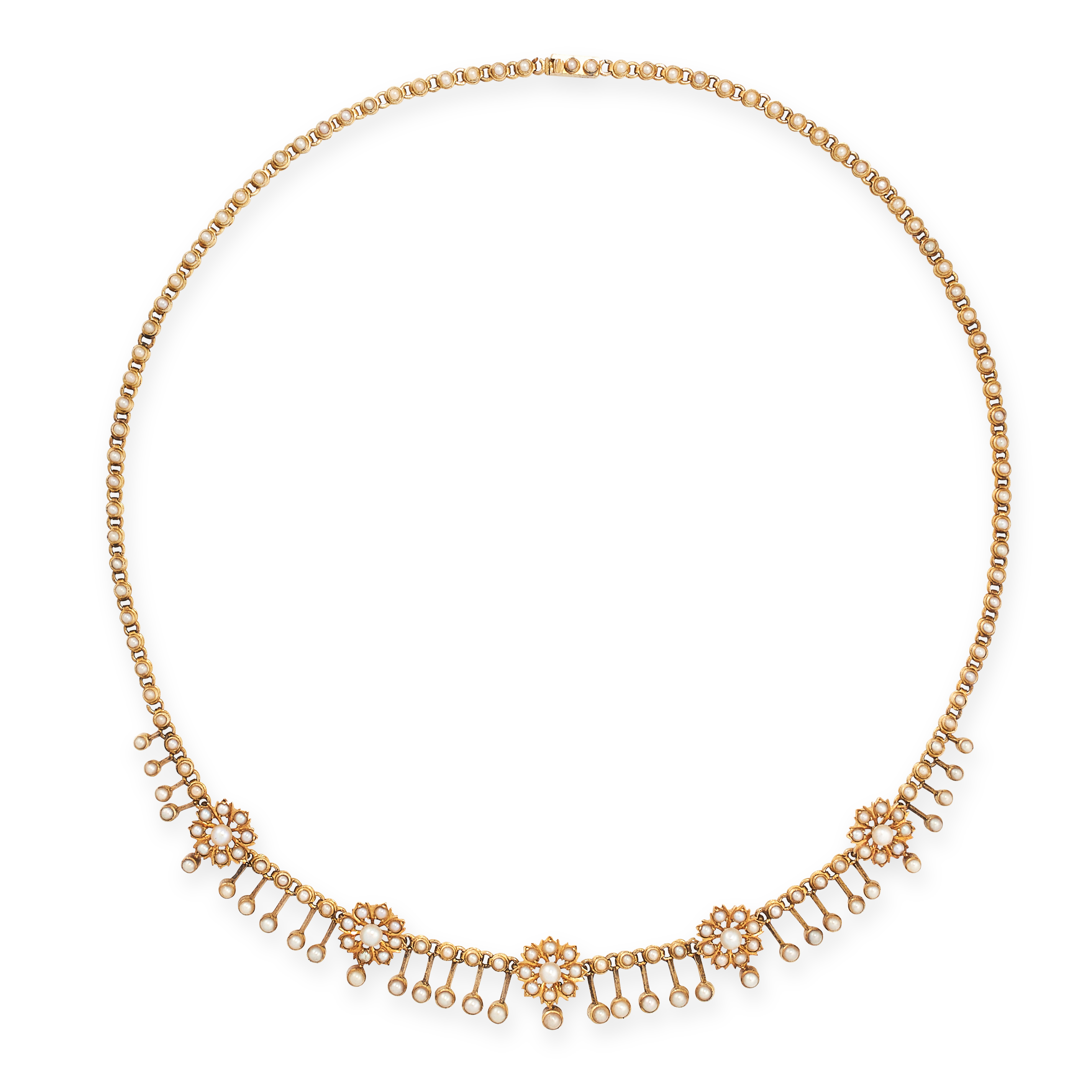 AN ANTIQUE PEARL NECKLACE, LATE 19TH CENTURY in 15ct yellow gold, comprising five floral clusters of