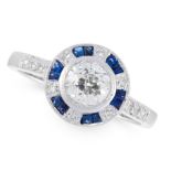 A DIAMOND AND SAPPHIRE TARGET RING in 18ct white gold, set with an old cut diamond of 0.76 carats in