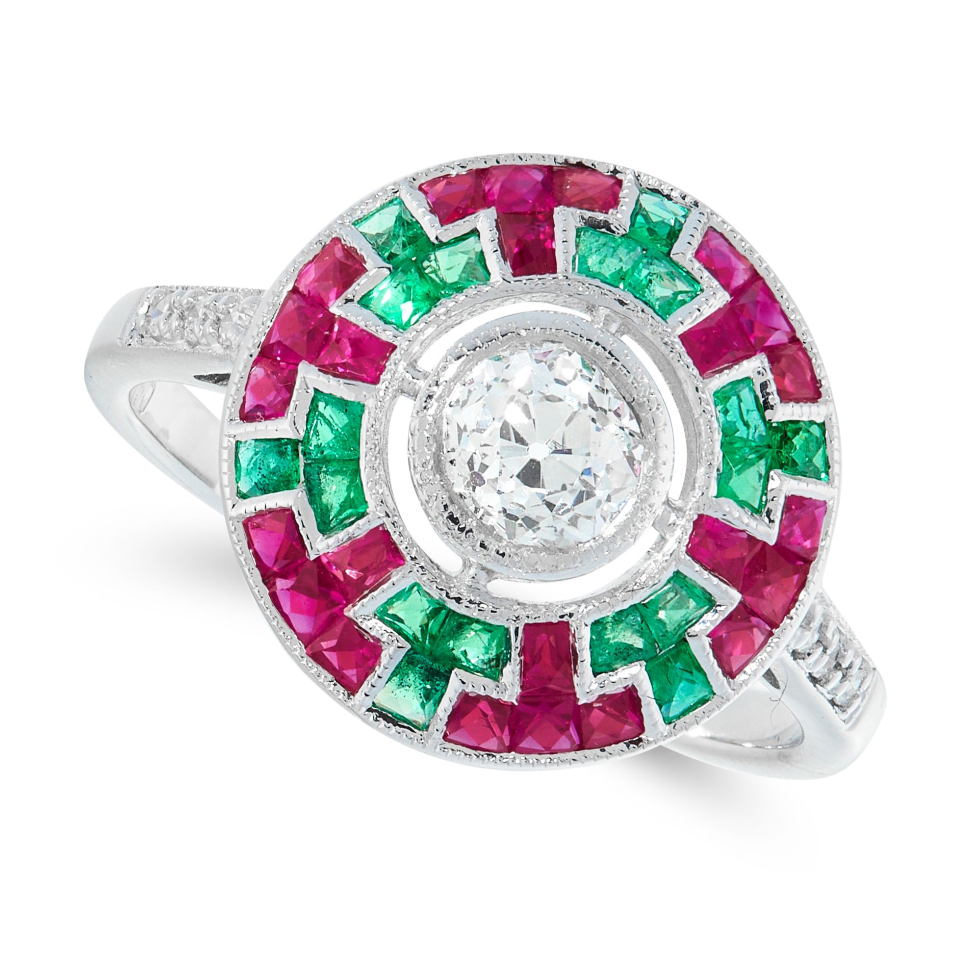 A DIAMOND, RUBY AND EMERALD TARGET RING in 18ct white gold, set with an old cut diamond of 0.40