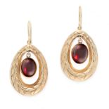 A PAIR OF ANTIQUE GARNET DROP EARRINGS, 19TH CENTURY in yellow gold, designed as textured oval