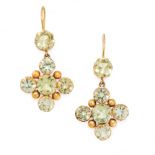 A PAIR OF ANTIQUE CHRYSOLITE EARRINGS, 19TH CENTURY in yellow gold, each set with cushion cut and