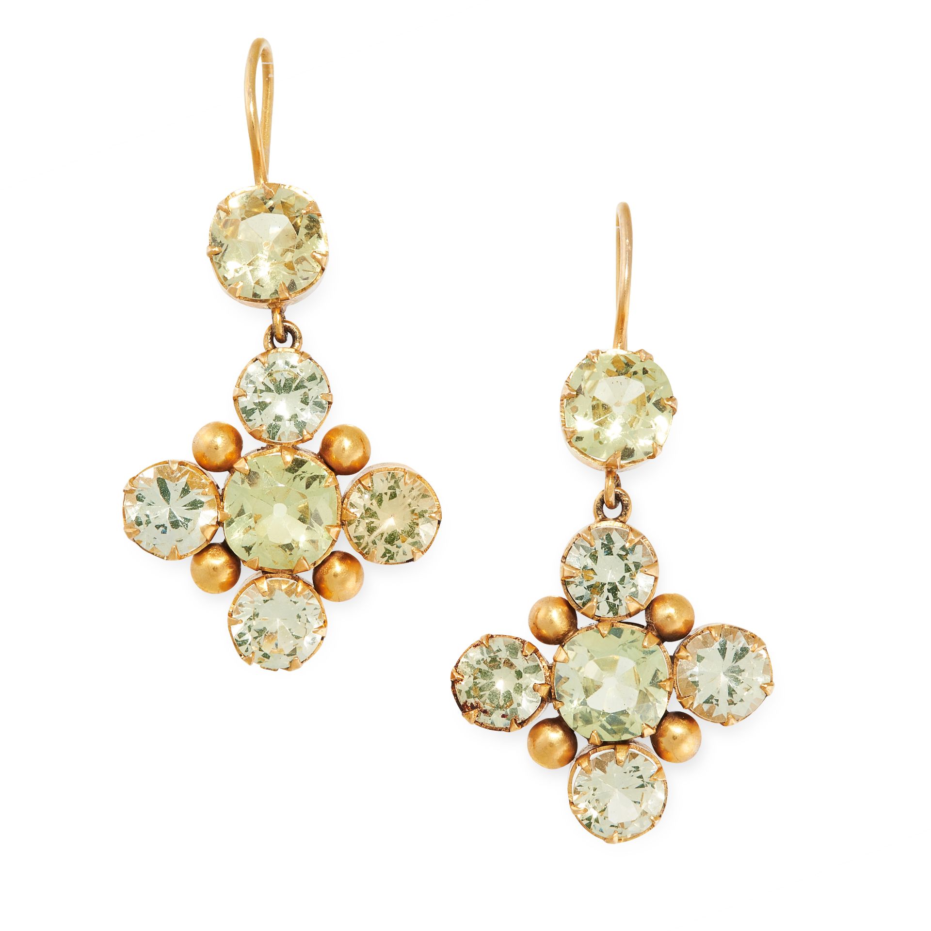 A PAIR OF ANTIQUE CHRYSOLITE EARRINGS, 19TH CENTURY in yellow gold, each set with cushion cut and