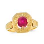 A BURMA NO HEAT RUBY DRESS RING in high carat yellow gold, set with an oval cabochon ruby of 1.6