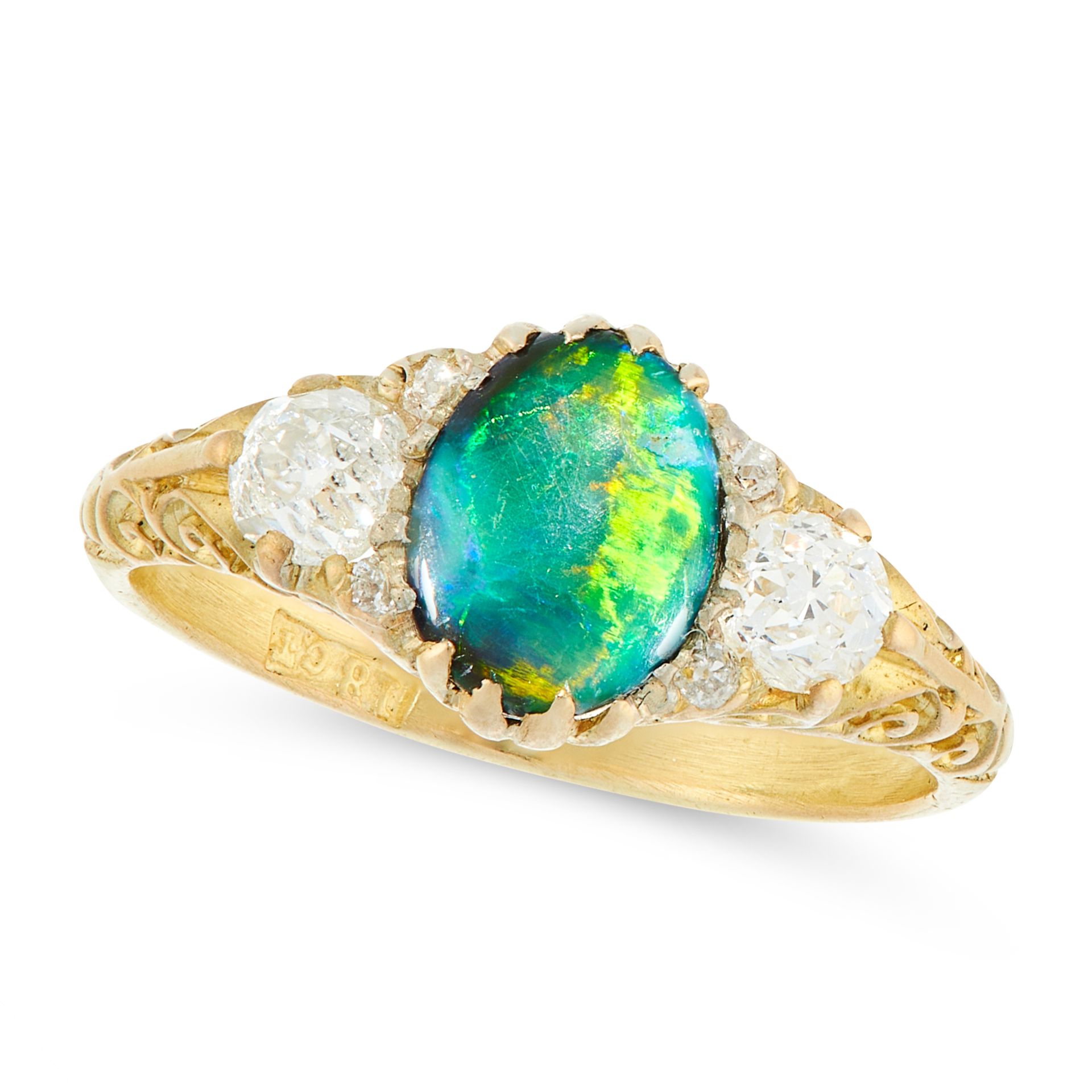 AN ANTIQUE BLACK OPAL AND DIAMOND DRESS RING in 18ct yellow gold, set with an oval cabochon black