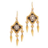 A PAIR OF ANTIQUE DIAMOND AND ENAMEL TASSEL EARRINGS, 19TH CENTURY in yellow gold, each set with a