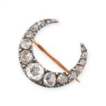 AN ANTIQUE DIAMOND CRESCENT MOON BROOCH, LATE 19TH CENTURY in yellow gold and silver, designed as