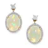 A PAIR OF OPAL AND DIAMOND DROP EARRINGS each set with a round cut diamond suspending a cabochon