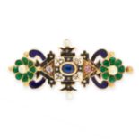 AN ANTIQUE SAPPHIRE, DIAMOND, PEARL AND ENAMEL BROOCH in high carat yellow gold, set with an oval