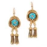 A PAIR OF ANTIQUE TURQUOISE AND DIAMOND SNAKE EARRINGS, 19TH CENTURY in yellow gold, each with a