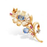 A RETRO SAPPHIRE, RUBY AND DIAMOND BROOCH in 18ct yellow gold, designed as a flower, set with two