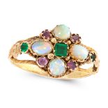 AN ANTIQUE EMERALD, OPAL AND GARNET DRESS RING, 19TH CENTURY in yellow gold, set with a trio of