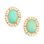 A PAIR OF VINTAGE TURQUOISE AND PEARL CLIP EARRINGS in 18ct yellow gold, each set with an oval