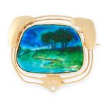 AN ART NOUVEAU ENAMEL BROOCH, MURRLE BENNETT EARLY 20TH CENTURY in 15ct yellow gold, the cushion