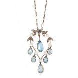 AN ANTIQUE AQUAMAIRNE, PEARL AND DIAMOND PENDANT NECKLACE set with six graduated pear cut