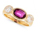 A RUBY AND DIAMOND DRESS RING in 18ct yellow gold, set with an oval cut ruby of 1.46 carats