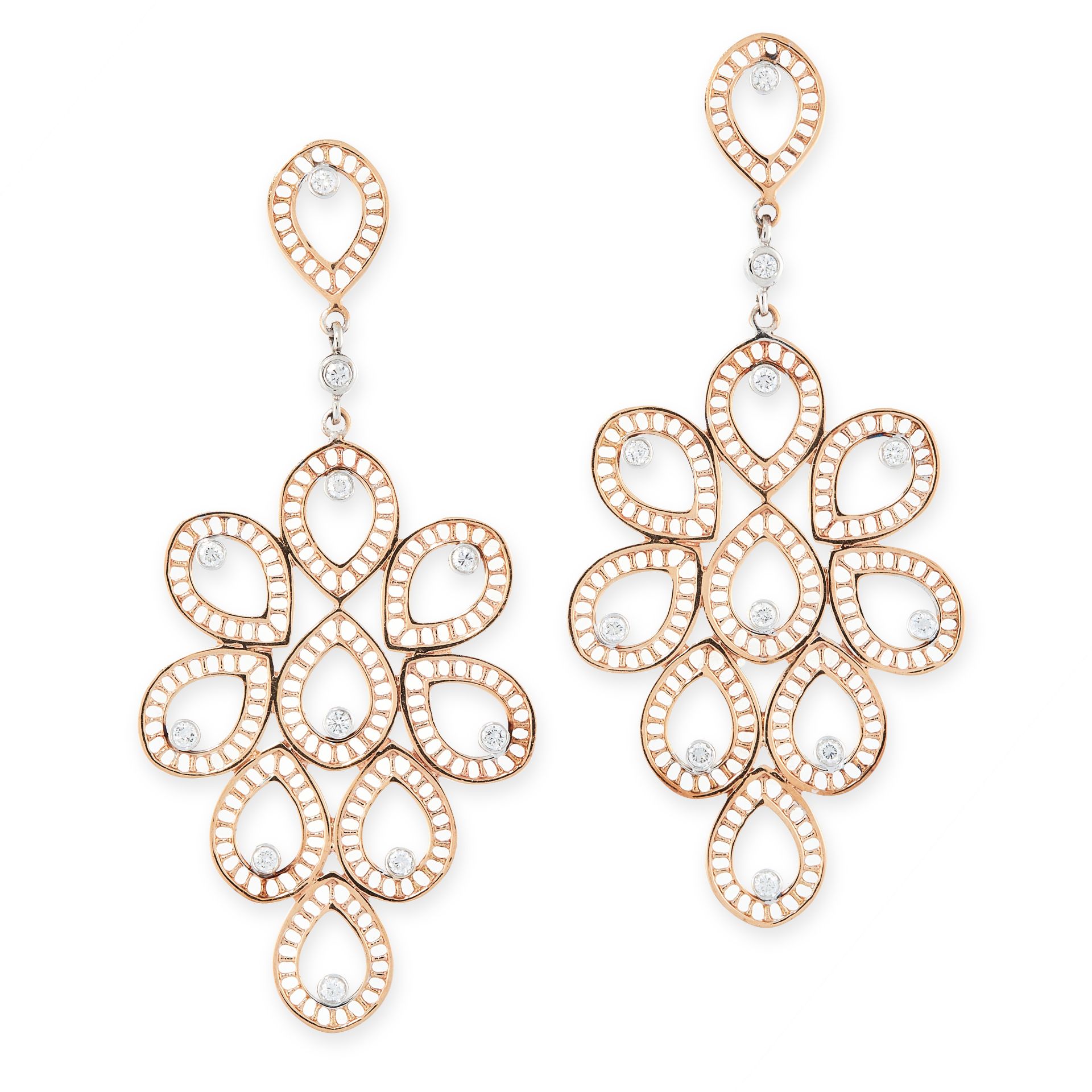 A PAIR OF DIAMOND EARRINGS in yellow gold, each designed as a cluster of pear shaped motifs set with