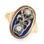 AN ANTIQUE DIAMOND AND BLUE GLASS DRESS RING, 19TH CENTURY in yellow gold and silver, the oval