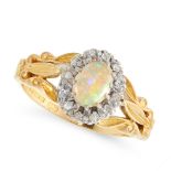 A VINTAGE OPAL AND DIAMOND DRESS RING in 18ct yellow gold, set with an oval cabochon opal, within