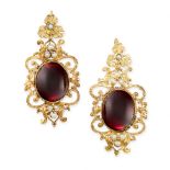 A PAIR OF ANTIQUE GARNET AND PEARL EARRINGS, 19TH CENTURY each set with a large oval cabochon garnet