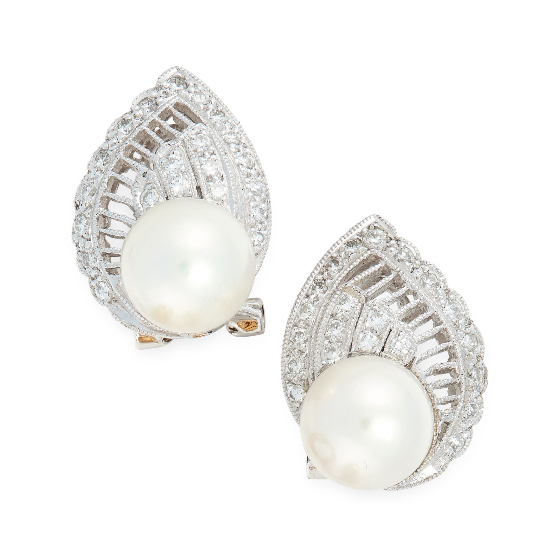 A PAIR OF PEARL AND DIAMOND EARRINGS in 18ct white gold, each set with a pearl of 8.0mm accented