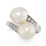 A PEARL AND DIAMOND DRESS RING in 18ct white gold, the twisted band of toi-et-moi design, set with