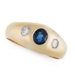 A SAPPHIRE AND DIAMOND GYPSY RING, CIRCA 1950 in 14ct yellow gold, the tapering band set with an