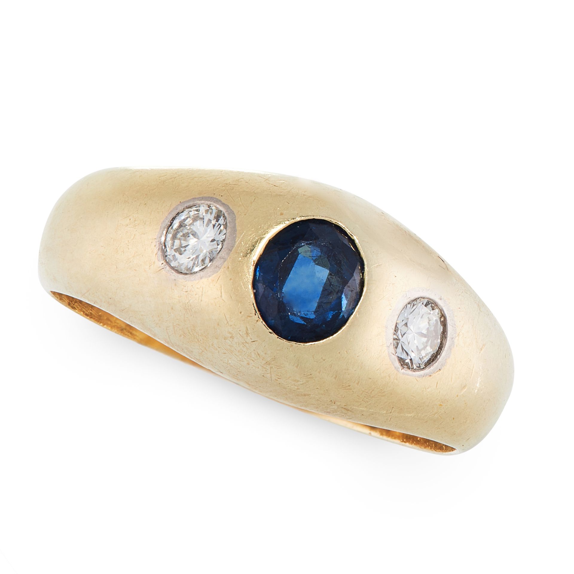 A SAPPHIRE AND DIAMOND GYPSY RING, CIRCA 1950 in 14ct yellow gold, the tapering band set with an