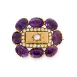 AN ANTIQUE PEARL AND AMETHYST BROOCH, 19TH CENTURY in yellow gold, set with a central pearl within