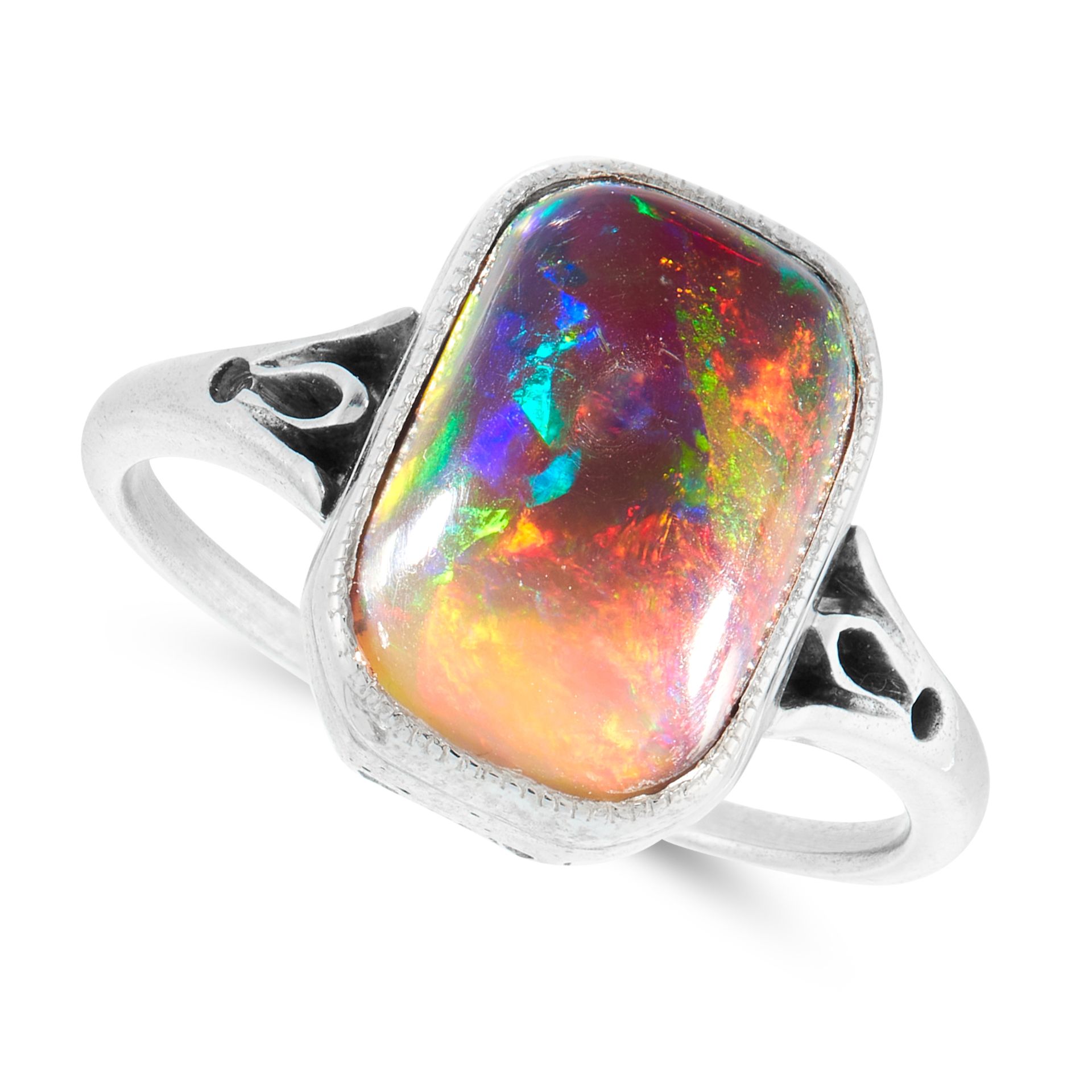 A BLACK OPAL DRESS RING set with a rectangular cabochon black opal of 3.08 carats, unmarked, size