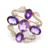 AN ANTIQUE AMETHYST AND DIAMOND BROOCH, 19TH CENTURY in yellow gold and silver, set with five oval
