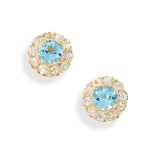 A PAIR OF AQUAMARINE AND DIAMOND STUD EARRINGS in 18ct yellow gold, each set with a round cut