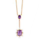AN ANTIQUE AMETHYST AND PEARL PENDANT NECKLACE, EARLY 20TH CENTURY in 18ct yellow gold, set with a