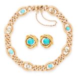 A TURQUOISE AND PEARL BRACELET AND PAIR OF STUD EARRINGS the bracelet in 15ct yellow gold, formed of