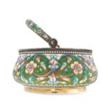 AN ANTIQUE IMPERIAL RUSSIAN ENAMEL BOWL, VASILY AGAFONOV MOSCOW CIRCA 1910 in 84 zolotnik silver,