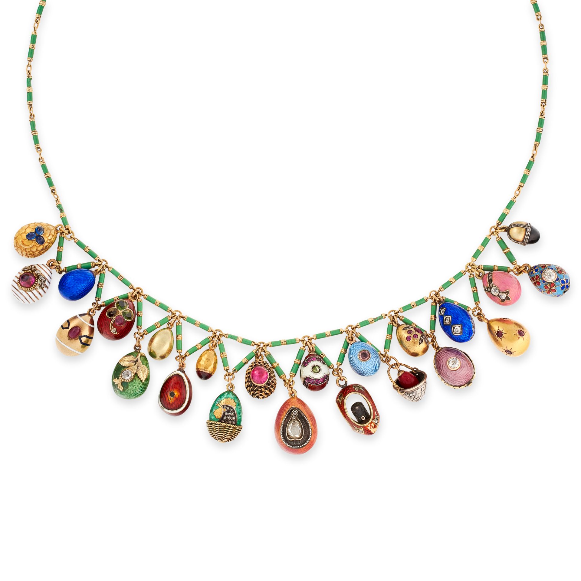 AN ANTIQUE IMPERIAL RUSSIAN JEWELLED ENAMEL EASTER EGG NECKLACE, PROBABLY FABERGE CIRCA 1900 in