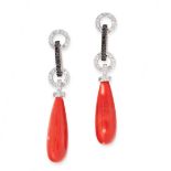 A PAIR OF CORAL AND DIAMOND EARRINGS in 18ct white gold, each set with a polished coral drop,