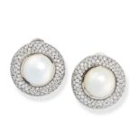 A PAIR OF PEARL AND DIAMOND CLIP EARRINGS each set with a pearl of 13.6mm, within borders of round