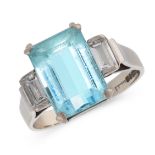 AN AQUAMARINE AND DIAMOND DRESS RING in 18ct white gold, set with an emerald cut aquamarine of 4.