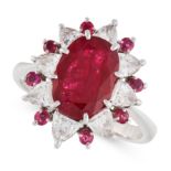 A BURMA NO HEAT RUBY AND DIAMOND RING set with an oval cut ruby of 4.0 carats, within a border of