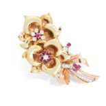 A VINTAGE RUBY AND DIAMOND BROOCH, CIRCA 1970 in yellow and rose gold, designed as a bouquet of