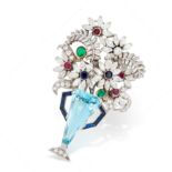 A FINE AQUAMARINE, DIAMOND, RUBY, SAPPHIRE AND EMERALD GIARDINETTO BROOCH designed as a vase of